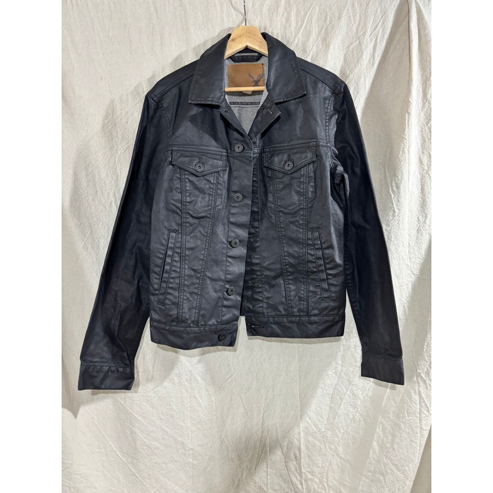 American Eagle Mens Waxed Cotton Trucker Jacket Black Small Utility Grunge Indie